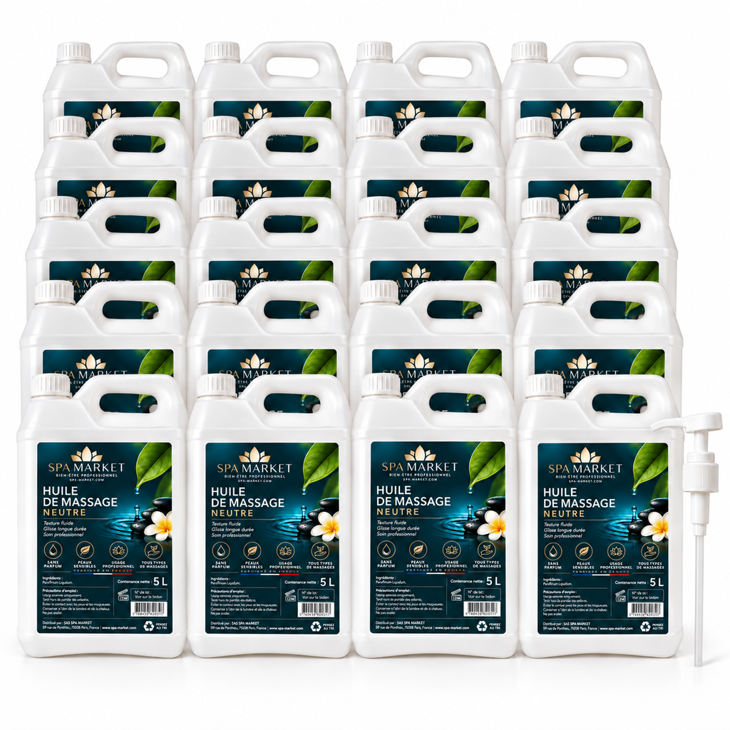 Lot de 100 litres d'huile de massage neutre SPA MARKET, 20 bidons de 5 L et pompe offerte