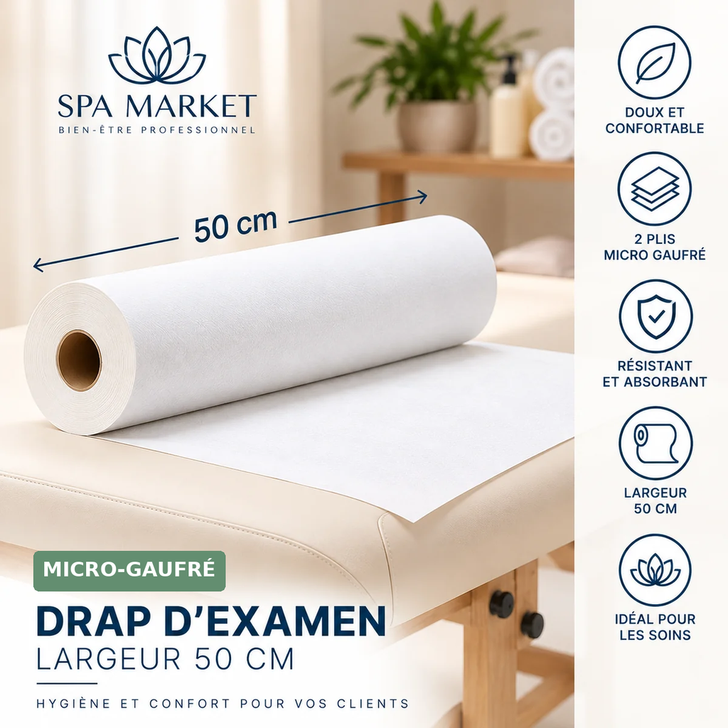Drap d’examen micro-gaufré 50 cm SPA MARKET avec bandeau vert MICRO-GAUFRÉ
