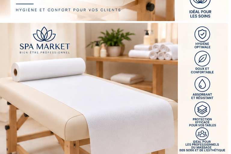 Drap d’examen jetable 50 cm protégeant une table de massage professionnelle