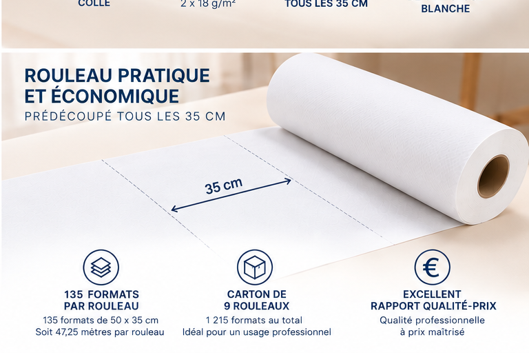 Rouleau de drap d’examen 50 cm, prédécoupe tous les 35 cm, 135 formats par rouleau
