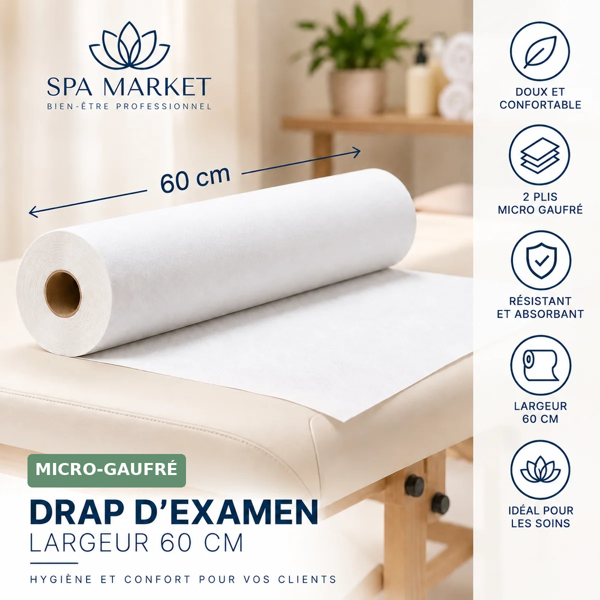 Drap d’examen micro-gaufré 60 cm SPA MARKET avec bandeau vert MICRO-GAUFRÉ