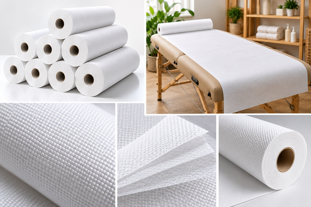 Détail de la texture micro-gaufrée blanche du drap d’examen sur table de massage