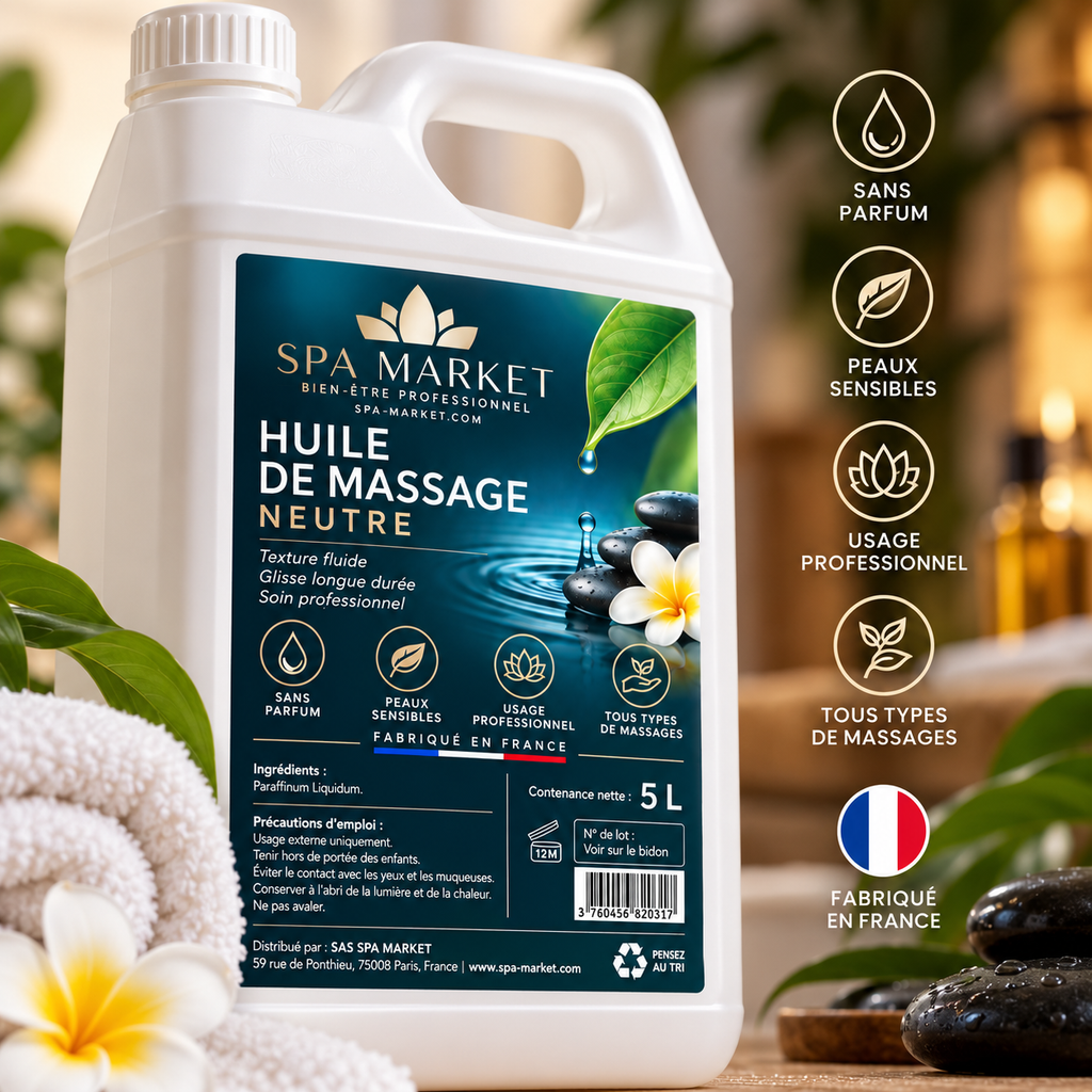 Caractéristiques de l'huile de massage neutre SPA MARKET : sans parfum, glisse longue durée