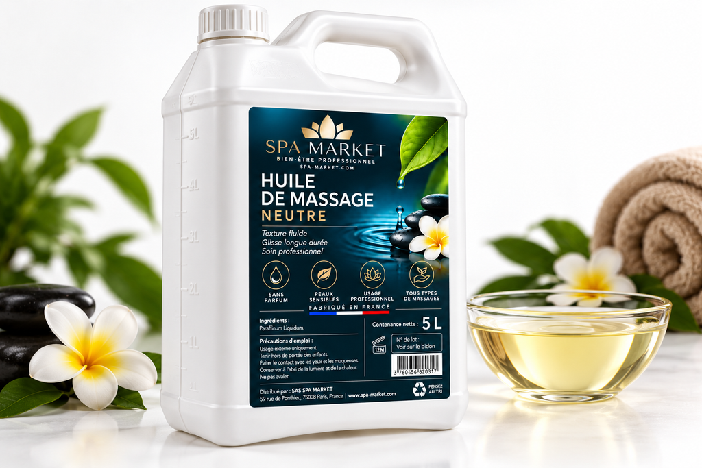 Bidon de 5 L d'huile de massage professionnelle neutre SPA MARKET, vue de trois quarts