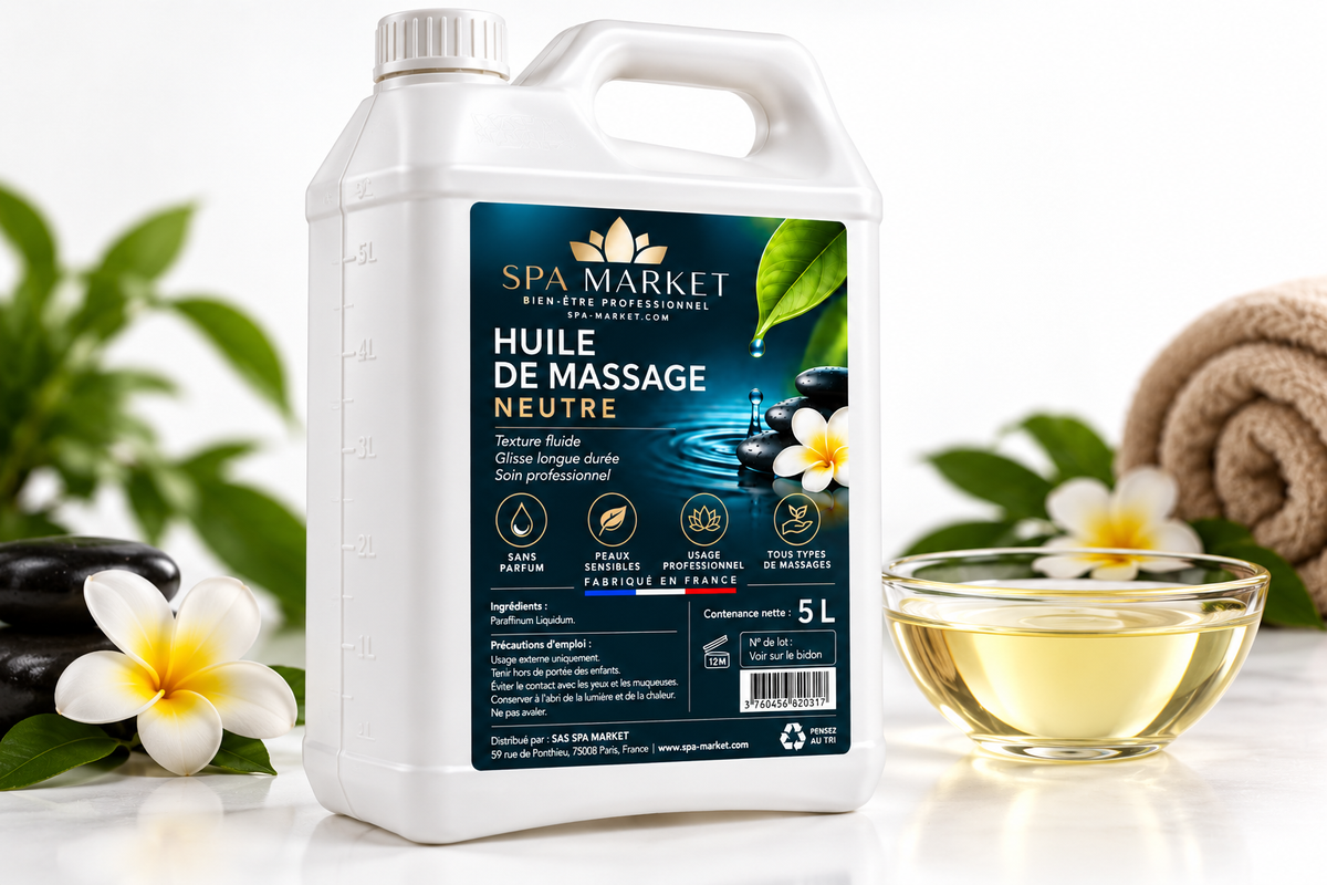Bidon de 5 L d'huile de massage professionnelle neutre SPA MARKET, vue de trois quarts