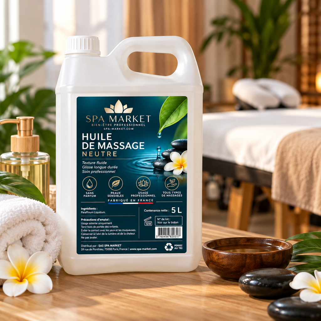 Huile de massage neutre SPA MARKET dans un espace de massage professionnel